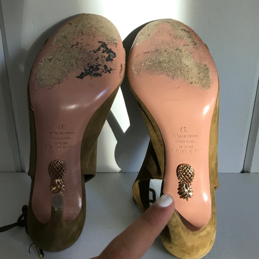 AUTHENTIC EUC Aquazzura Ami Heels SIZE 7 Olive - Picture 5 of 5